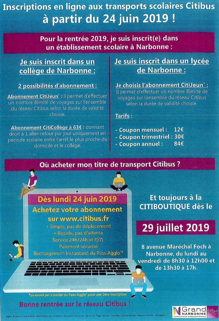 INSCRIPTION BUS SCOLAIRE CITIBUS Grand Narbonne